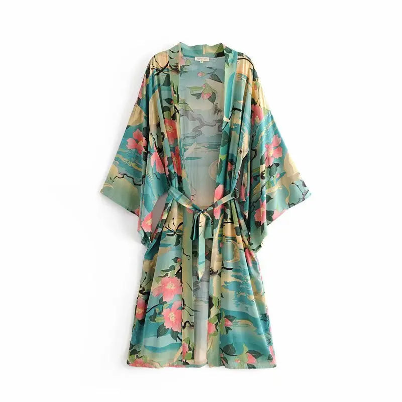 Bohemian Printed Bikini Cover-ups Green Tunic Long Kimono Cardigan Plus Size 2023 Women Beach Wear Swim Suit Cover Up A155