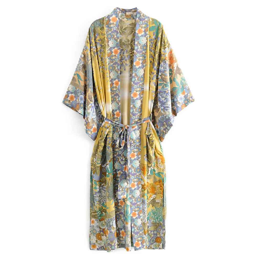 Bohemian Printed Bikini Cover-ups Green Tunic Long Kimono Cardigan Plus Size 2023 Women Beach Wear Swim Suit Cover Up A155