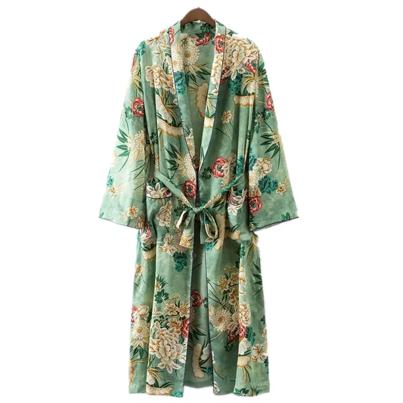 Bohemian Printed Bikini Cover-ups Green Tunic Long Kimono Cardigan Plus Size 2023 Women Beach Wear Swim Suit Cover Up A155