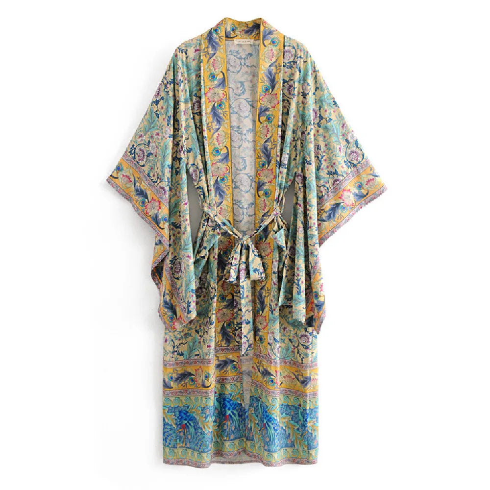 Bohemian Printed Bikini Cover-ups Green Tunic Long Kimono Cardigan Plus Size 2023 Women Beach Wear Swim Suit Cover Up A155