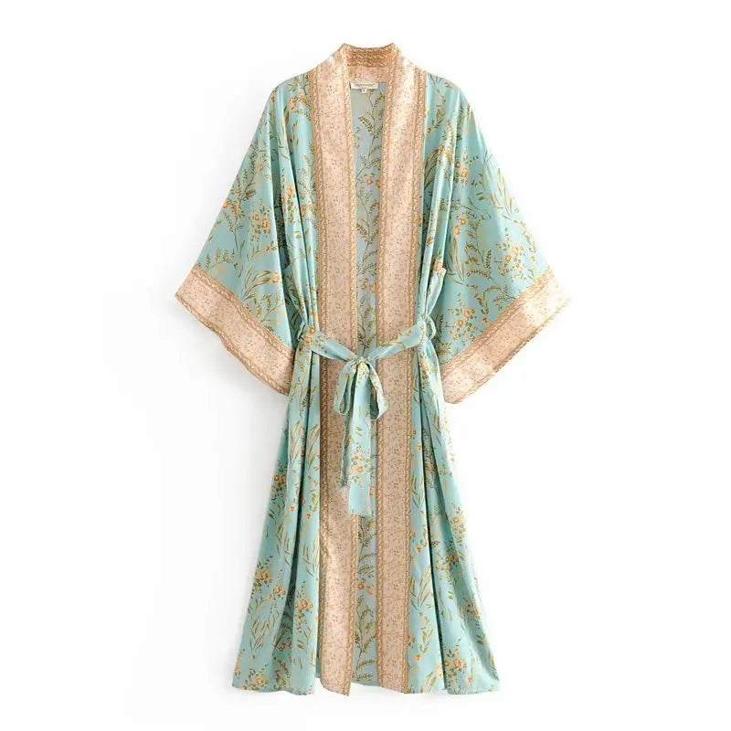 Bohemian Printed Bikini Cover-ups Green Tunic Long Kimono Cardigan Plus Size 2023 Women Beach Wear Swim Suit Cover Up A155