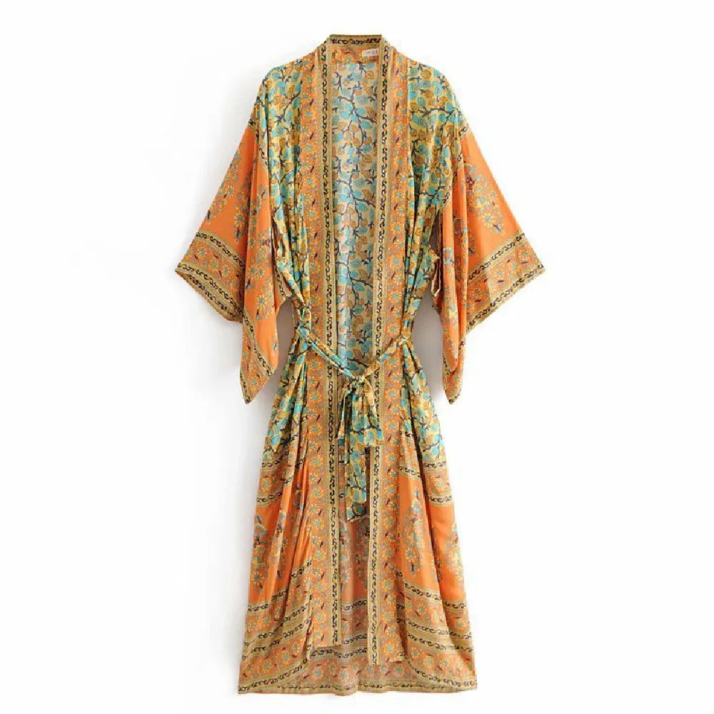 Bohemian Printed Bikini Cover-ups Green Tunic Long Kimono Cardigan Plus Size 2023 Women Beach Wear Swim Suit Cover Up A155
