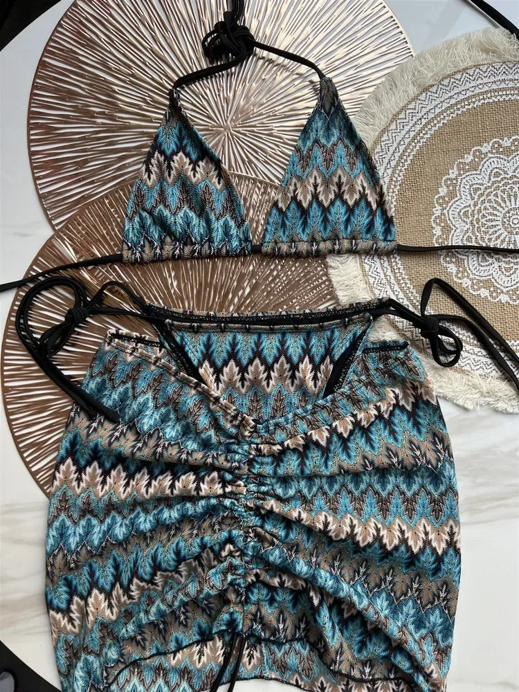 Luxury Design Women's Swimsuit Colored Maple Leaves Knitted Bikini Skirt Three-Piece Set Split Bikini Set