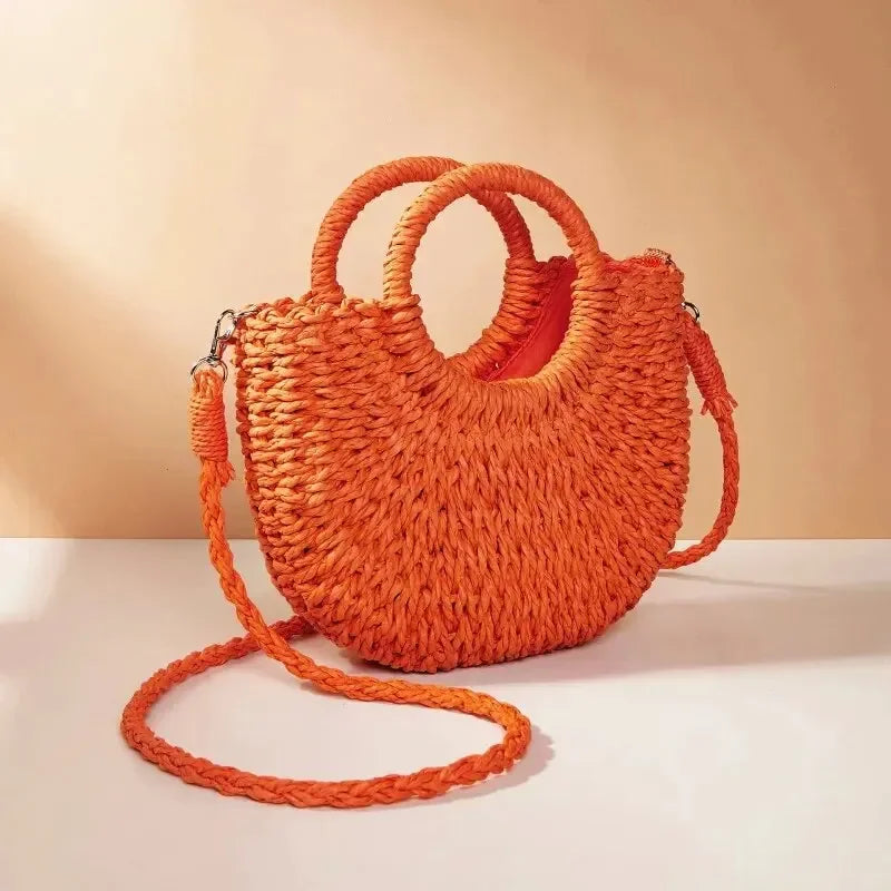Handwoven Straw Rattan Half-Moon Beach Handbag Large Capacity Women Summer Hollow Out Crossbody Shoulder Bag  crossbody bags