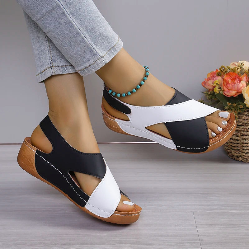 New Women's Contrast Color Wedge Sandals Summer Peep Toe Non Slip Beach Shoes Woman Comfortable Platform Roman Sandalias Mujer