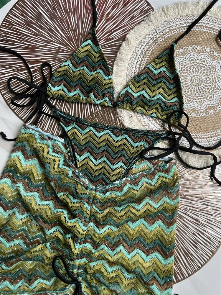 Luxury Design Women's Swimsuit Colored Maple Leaves Knitted Bikini Skirt Three-Piece Set Split Bikini Set