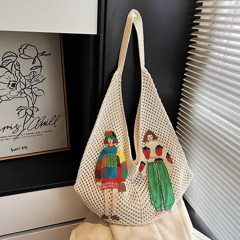 Korean Women's Woven One-shoulder Underarm Bag Large Capacity Commuter Beach Bag 2025 New Fashion Hand-held Net Bag Women's Bag