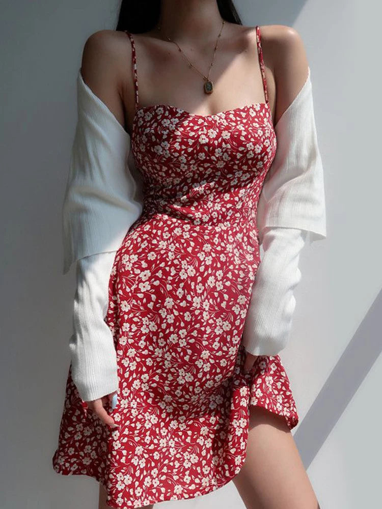 Sleeveless Bag Hip Sling Summer Floral Dress Korean Fashion Woman Mini Women Bodycon Sexy Aesthetic Casual Dresses Sundress Prom