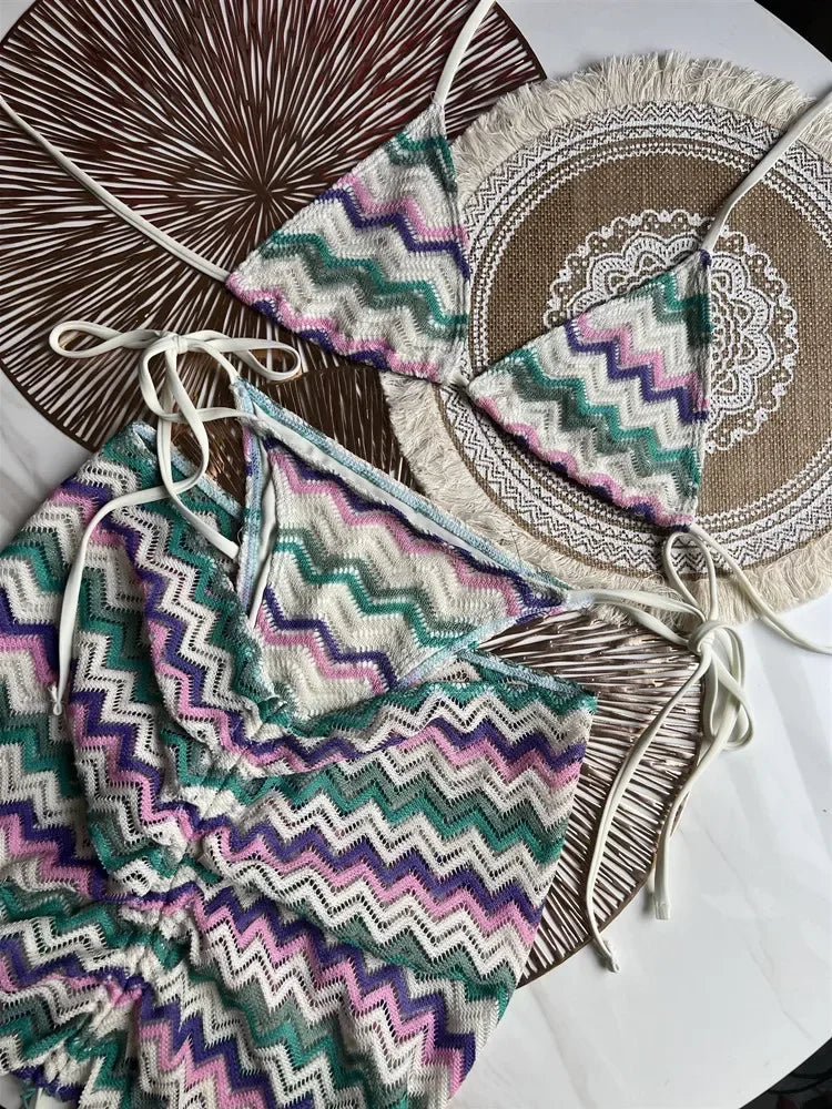 Luxury Design Women's Swimsuit Colored Maple Leaves Knitted Bikini Skirt Three-Piece Set Split Bikini Set