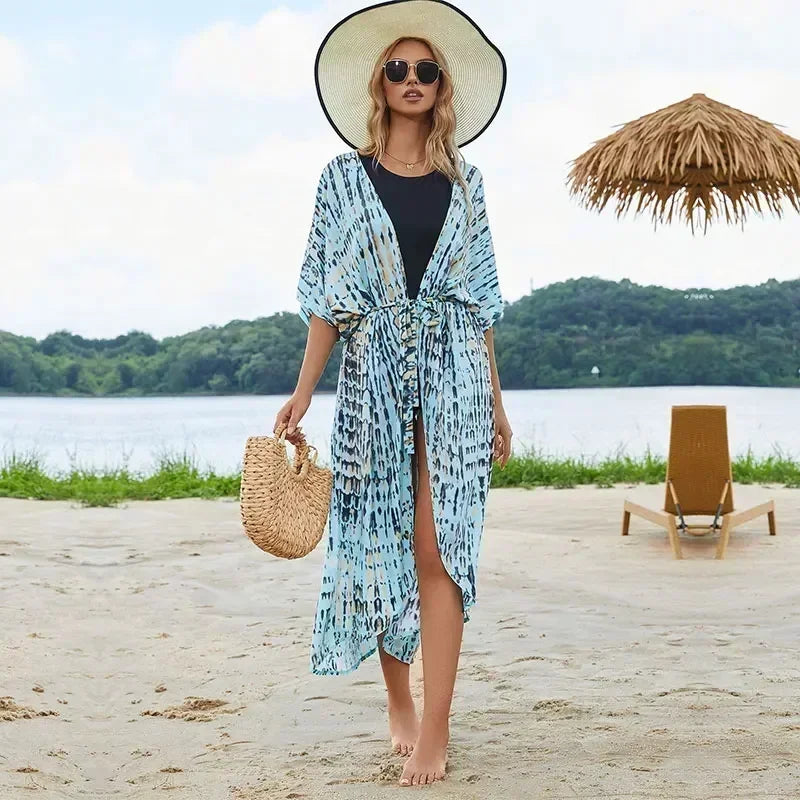 2023 Bohemian Printed Summer Beach Wear Bikini Wrap Dress Tunic Summer Women Swimsuit Cover-ups Kimono Cardigan Q996