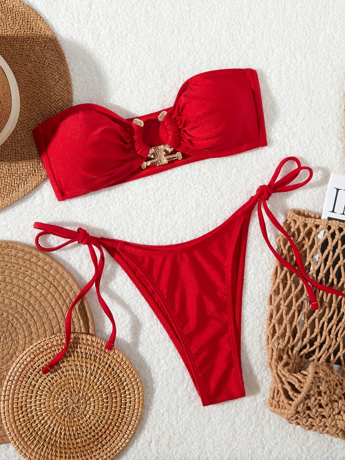 Solid O Ring 2025 New Swimsuit For Women Tie Side Shiny Metal Hardware Ring Bandeau Bikini Swimwear Padded Bra Top Low Waisted