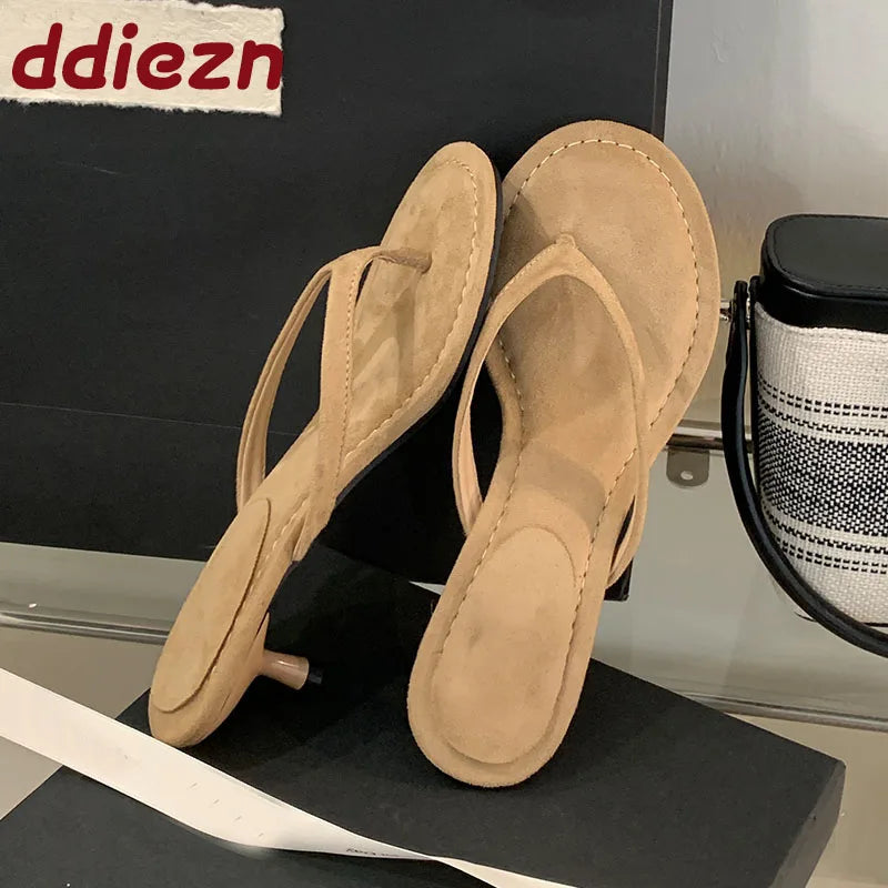 Fashion Round Toe Women Thin Heels Slippers Slides Female Flip flops Sandals Spring Summer Ladies Heeled Slippers Shoes Pumps