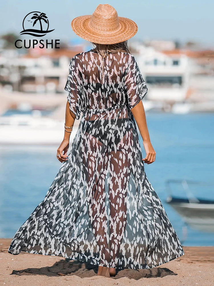 Cupshe Leopard Print Maxi Length Kimono Bikini Cover Up For Women Short Sleeve Lace Up Long Beach Dress Summer Beachwear