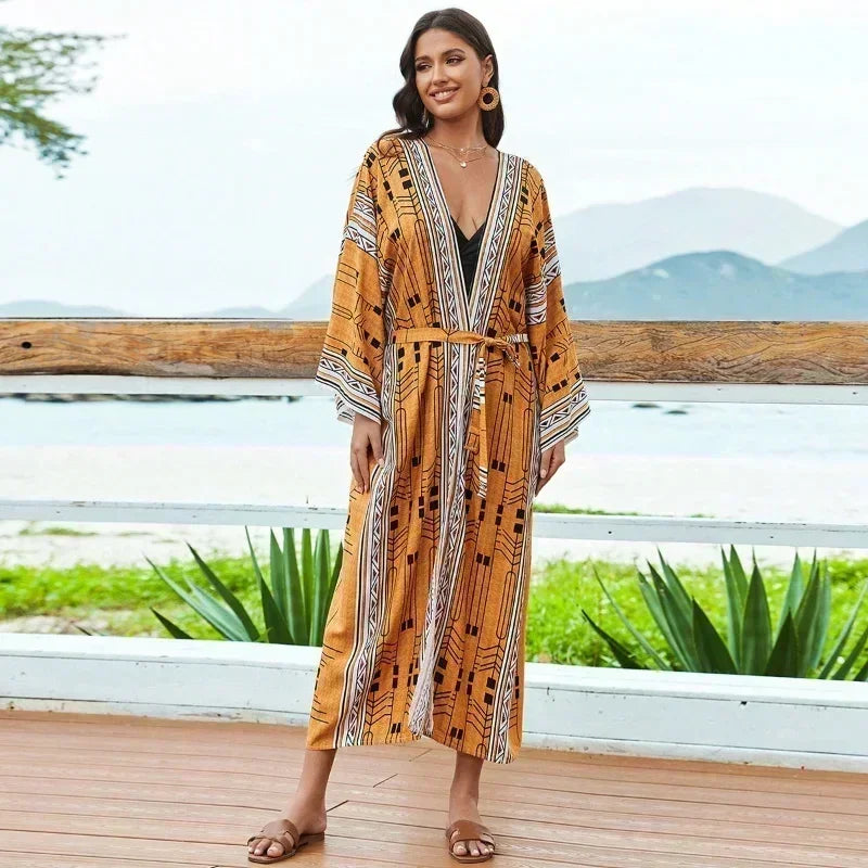 2023 Bohemian Printed Summer Beach Wear Bikini Wrap Dress Tunic Summer Women Swimsuit Cover-ups Kimono Cardigan Q996