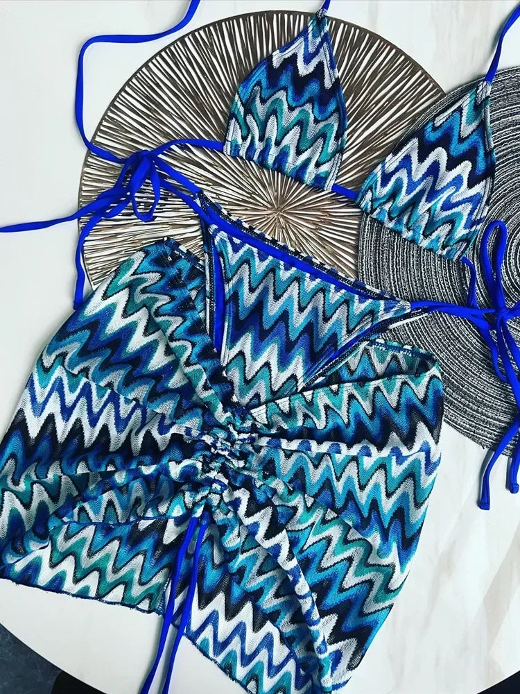 Luxury Design Women's Swimsuit Colored Maple Leaves Knitted Bikini Skirt Three-Piece Set Split Bikini Set