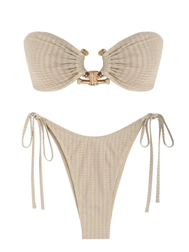 Solid O Ring 2025 New Swimsuit For Women Tie Side Shiny Metal Hardware Ring Bandeau Bikini Swimwear Padded Bra Top Low Waisted