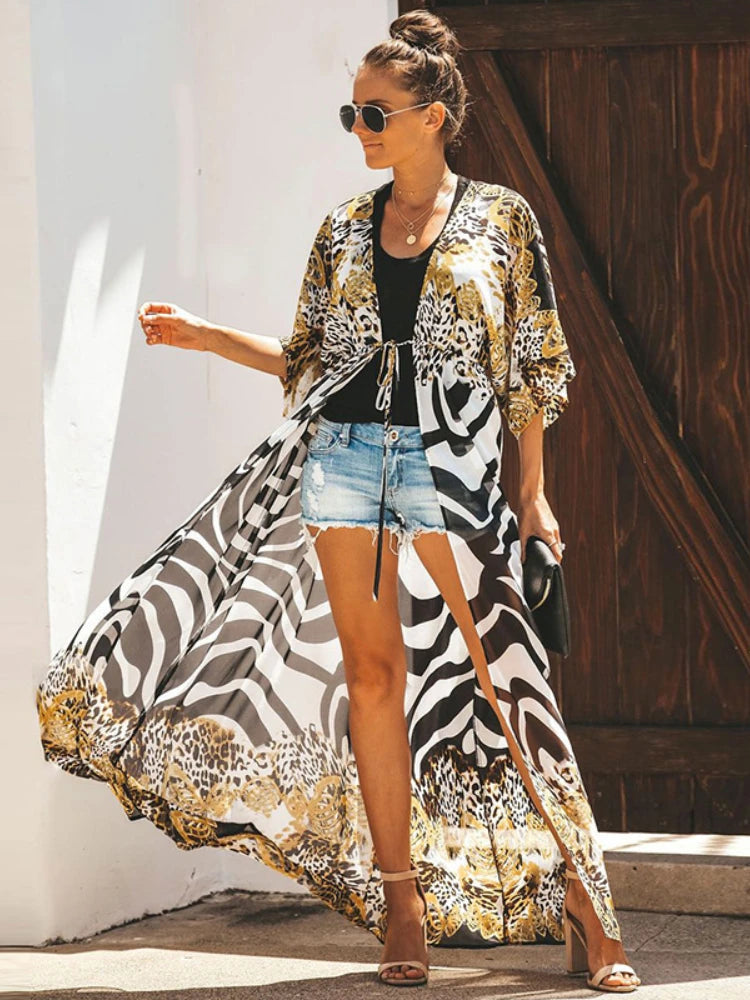 Bikini Cover Up Chiffon Beach Kimono Women Leopard Printed Long Cape for Swimsuit Tunic Summer Beach Wear Factory Supply