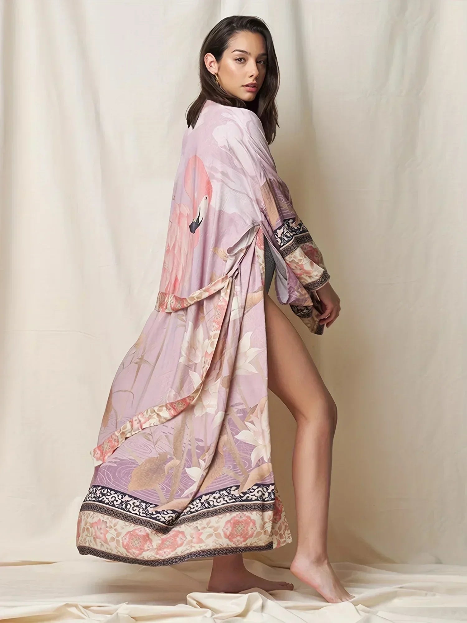 2023 Bohemian Printed Summer Beach Wear Bikini Wrap Dress Tunic Summer Women Swimsuit Cover-ups Kimono Cardigan Q996