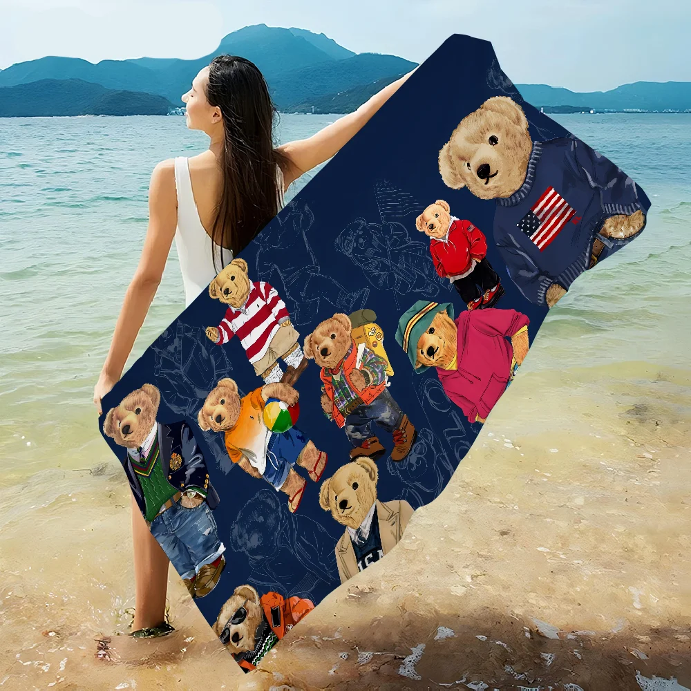 Cute Teddy Bear Happy Microfiber Printed Beach Towel Mountain Climbing Yoga Beach Swimming Running Absorbent Soft Towel