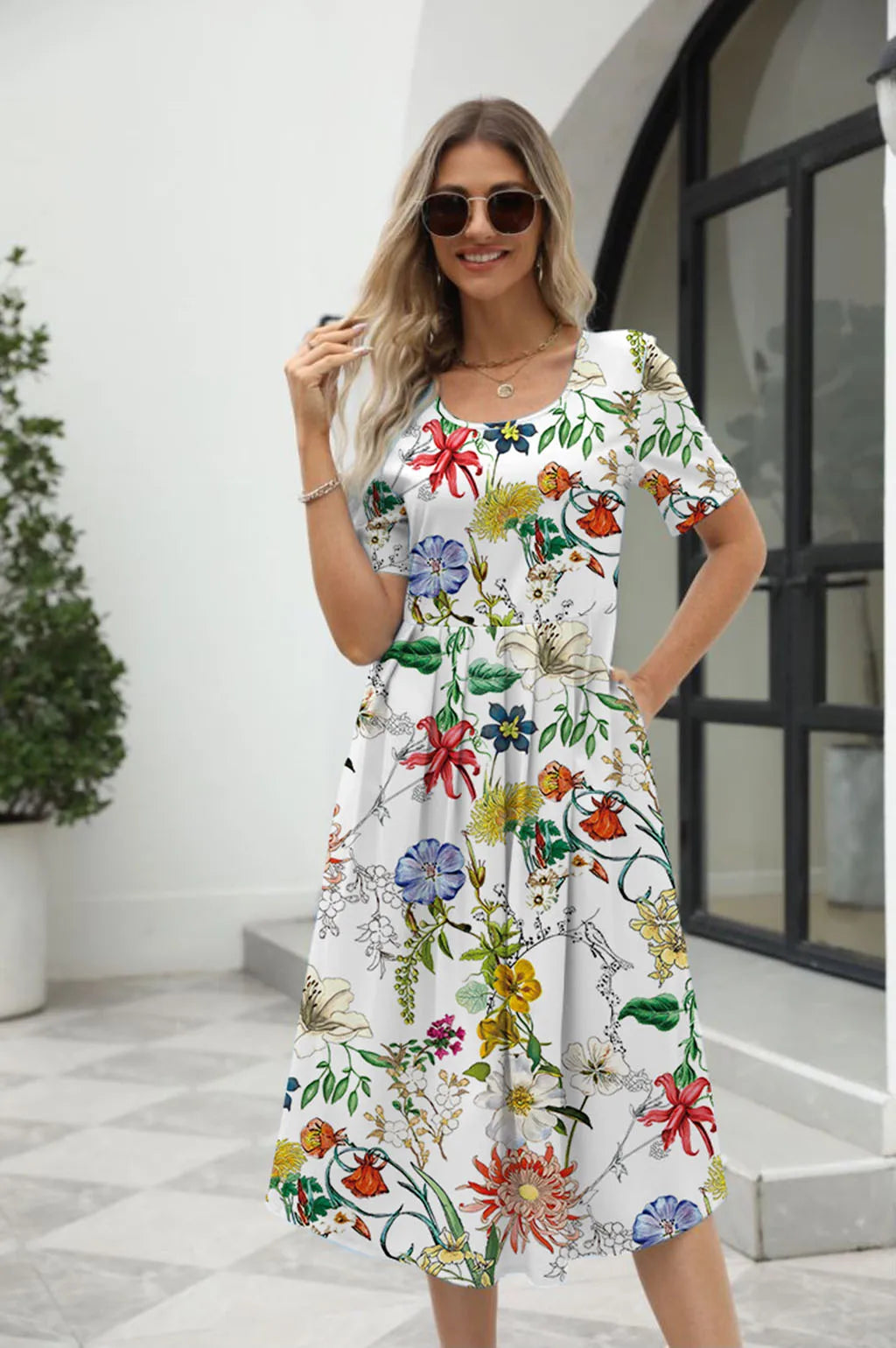2025 summer Europe and the United States summer fashion casual ladies elegant printed round neck short-sleeved long dress