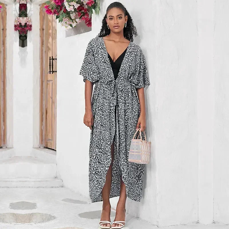 2023 Bohemian Printed Summer Beach Wear Bikini Wrap Dress Tunic Summer Women Swimsuit Cover-ups Kimono Cardigan Q996