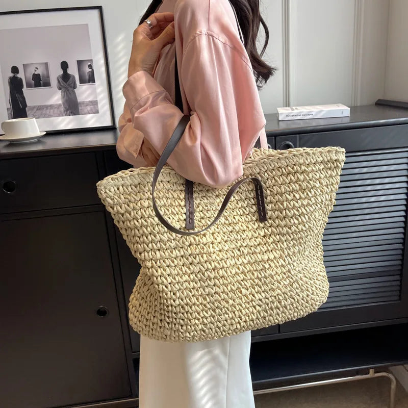 Straw Woven Tote Bags Casual Large Luxury Design Capacity Handbag Beach Shoulder Simple Women's Bag Style Shopping Summer bolsos