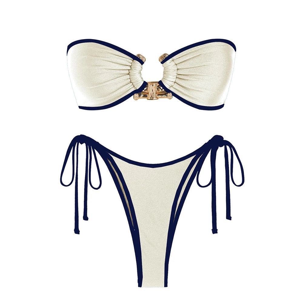 Solid O Ring 2025 New Swimsuit For Women Tie Side Shiny Metal Hardware Ring Bandeau Bikini Swimwear Padded Bra Top Low Waisted