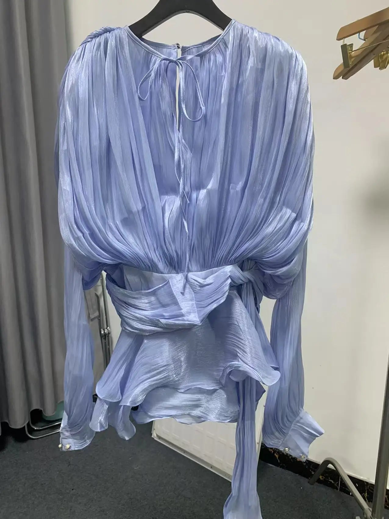 VGH Chic Spliced Lace Up Loose Sexy Short Dresses For Women Round Neck Long Sleeve Minimalist Ruffles Folds Dress Female Fashion