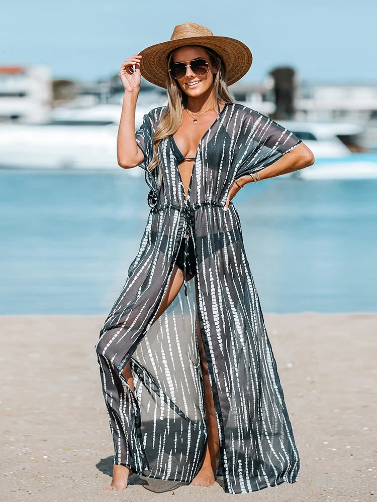 Cupshe Leopard Print Maxi Length Kimono Bikini Cover Up For Women Short Sleeve Lace Up Long Beach Dress Summer Beachwear