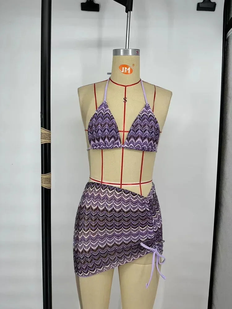 Luxury Design Women's Swimsuit Colored Maple Leaves Knitted Bikini Skirt Three-Piece Set Split Bikini Set