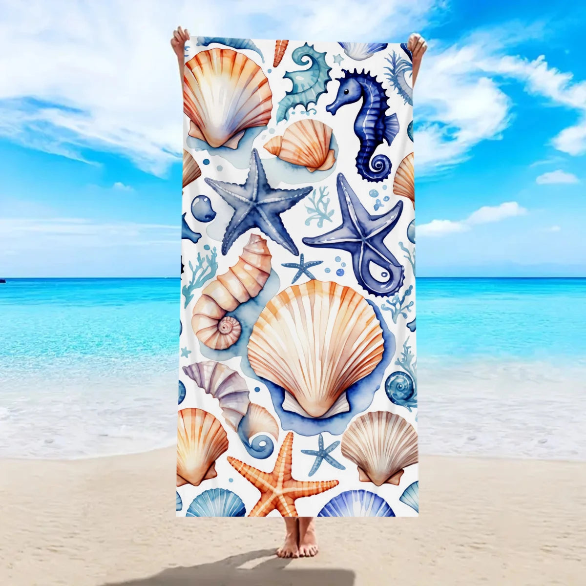 1pc Shell pattern printed beach towel, ultra-fine fiber beach towel, sports towel, beach, pool vacation bathroom decoration