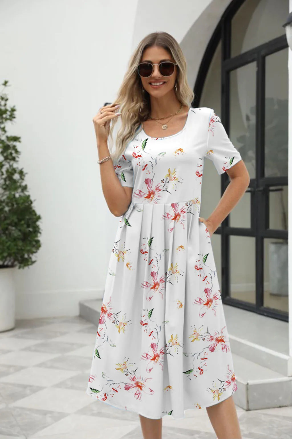 2025 summer Europe and the United States summer fashion casual ladies elegant printed round neck short-sleeved long dress