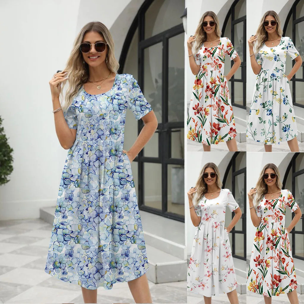 2025 summer Europe and the United States summer fashion casual ladies elegant printed round neck short-sleeved long dress