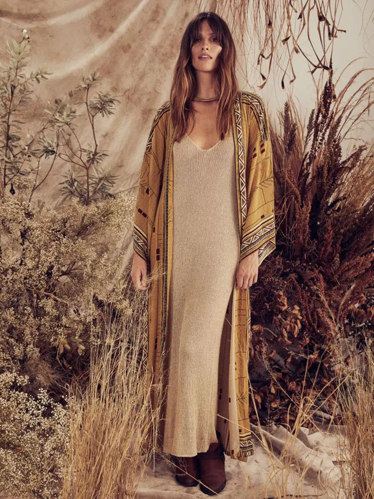 Bohemian Printed Bikini Cover-ups Elegant Self Belted Kimono Dress Tunic Women Plus Size Beach Wear Swim Suit Cover Up Q1228