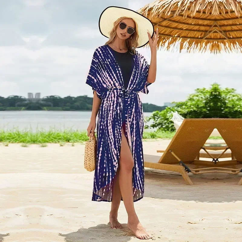 2023 Bohemian Printed Summer Beach Wear Bikini Wrap Dress Tunic Summer Women Swimsuit Cover-ups Kimono Cardigan Q996