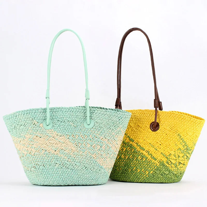 Gradient Color Straw Underarm Shoulder Bag,Summer Beach Vacation Travel Tote Bag,Grass Woven Handbag,Shopper Boho Market Basket