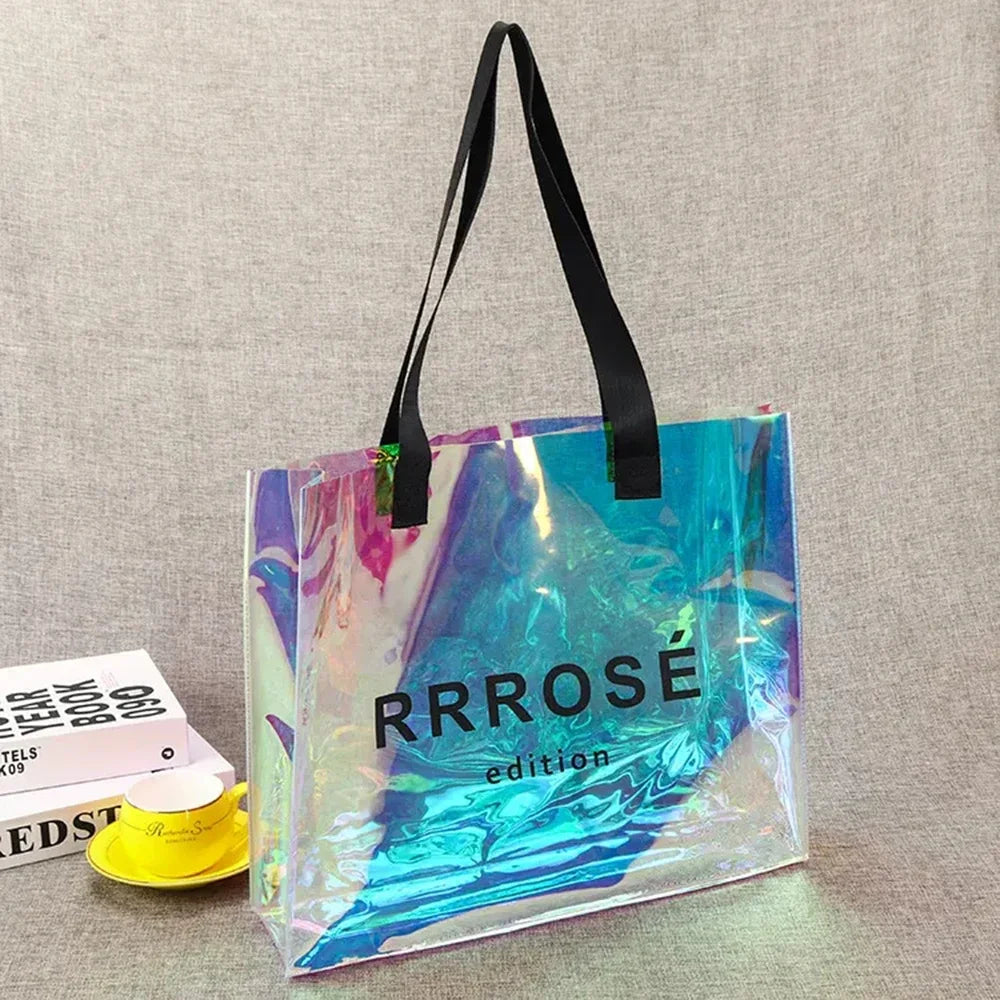 Wholesale 200pcs/Custom Logo Laser Holographic Iridescent PVC Tote Bag Luxury Fashion Beach Shopping Tote Bag Waterproof Bag