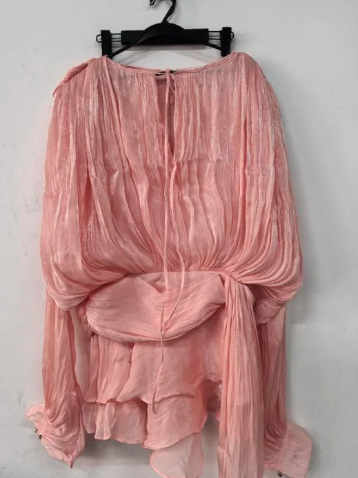 VGH Chic Spliced Lace Up Loose Sexy Short Dresses For Women Round Neck Long Sleeve Minimalist Ruffles Folds Dress Female Fashion