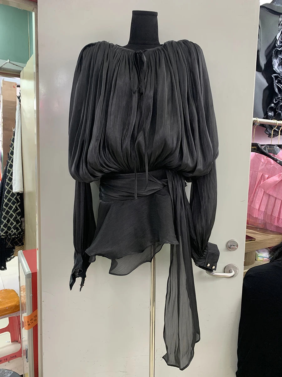 VGH Chic Spliced Lace Up Loose Sexy Short Dresses For Women Round Neck Long Sleeve Minimalist Ruffles Folds Dress Female Fashion