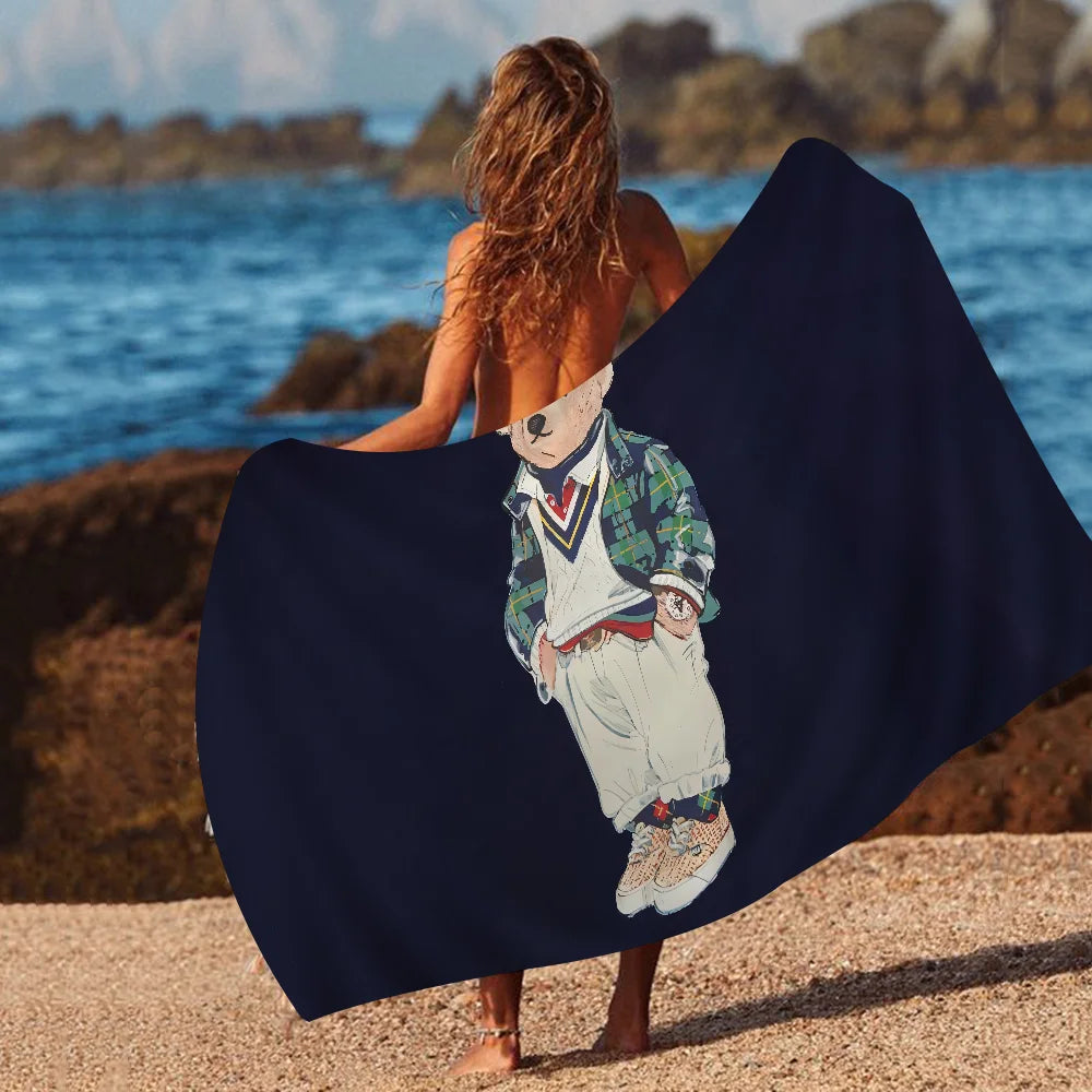 Cute Teddy Bear Happy Microfiber Printed Beach Towel Mountain Climbing Yoga Beach Swimming Running Absorbent Soft Towel