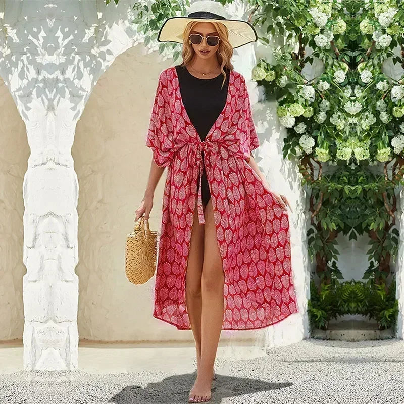 2023 Bohemian Printed Summer Beach Wear Bikini Wrap Dress Tunic Summer Women Swimsuit Cover-ups Kimono Cardigan Q996