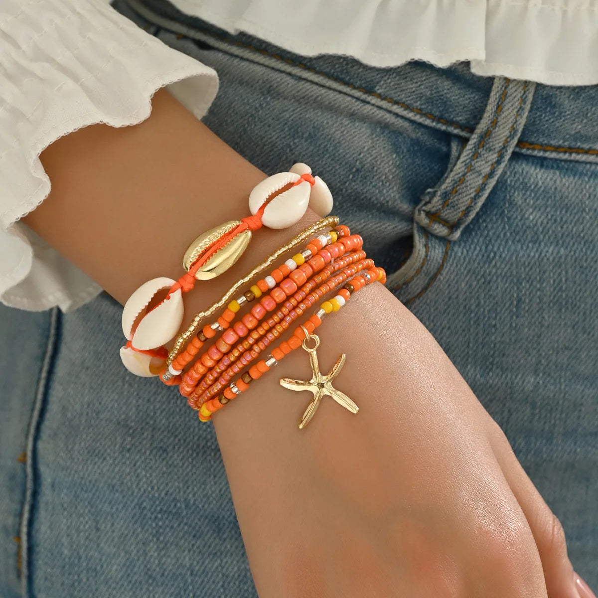 Summer Women's Bohemian Seven-Piece Set Bracelets - Shell Beaded Weaving Design with Starfish Pendant Fashionable Beach Jewelry