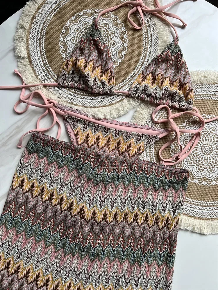 Luxury Design Women's Swimsuit Colored Maple Leaves Knitted Bikini Skirt Three-Piece Set Split Bikini Set