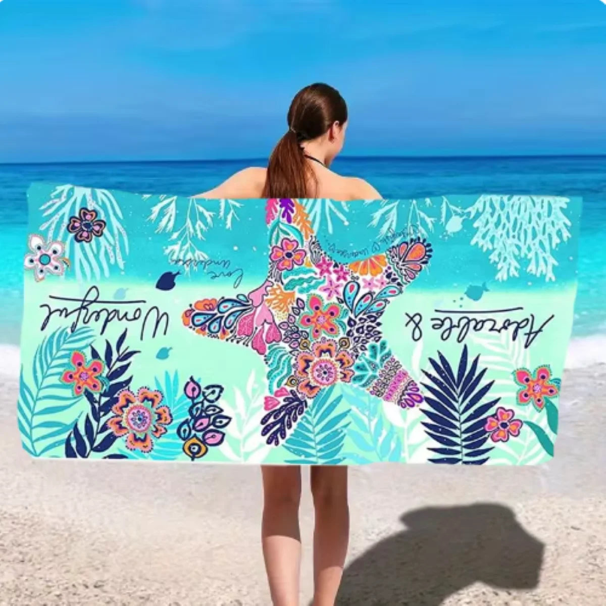 Blue Starfish 70x140cm Beach Towel Quick-Drying Sandproof Water Ripple Design Summer Seaside Seaweed Bath Towel LatticeColor