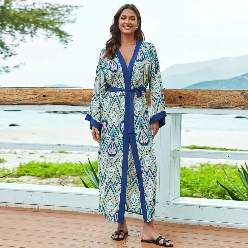 2023 Bohemian Printed Summer Beach Wear Bikini Wrap Dress Tunic Summer Women Swimsuit Cover-ups Kimono Cardigan Q996
