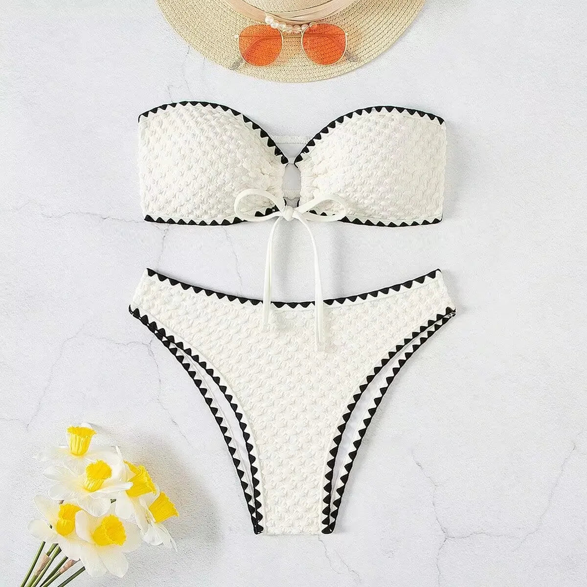 Swimwear White 2 Piece Strapless Swimsuit for Women Sexy Bandeau Backless Bikini Set Lace-up Patchwork Bathing Suit 2025 New