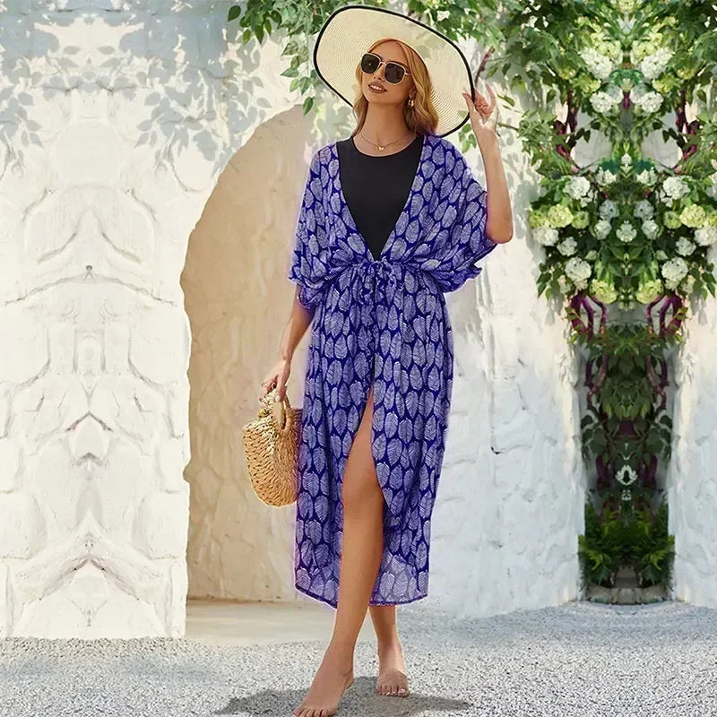 2023 Bohemian Printed Summer Beach Wear Bikini Wrap Dress Tunic Summer Women Swimsuit Cover-ups Kimono Cardigan Q996