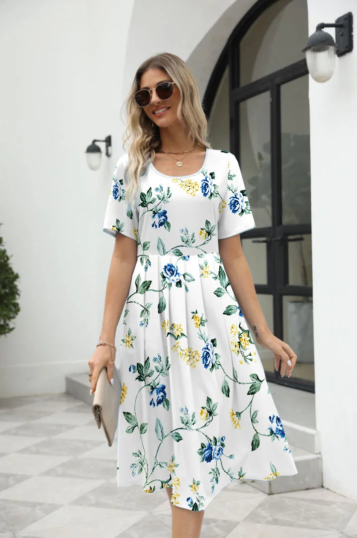 2025 summer Europe and the United States summer fashion casual ladies elegant printed round neck short-sleeved long dress