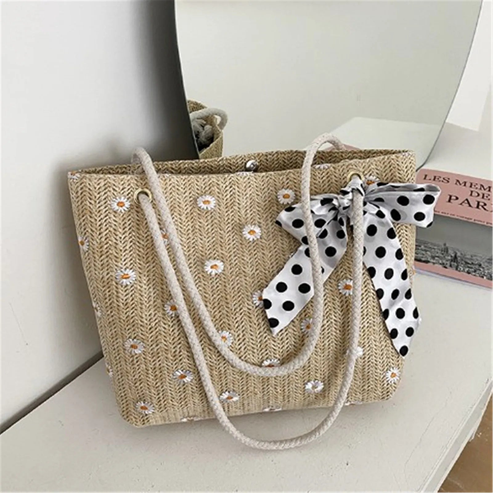 Square Hollow Straw Beach Bag Handmade Woven Shoulder Bag Raffia Rattan Shopping Travel Bag Bohemian Vacation Casual Tote Bags