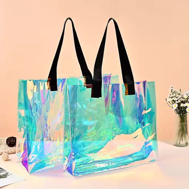 200Pcs/Lot Transparent Laser PVC Beach Bags Waterproof Iridescent Customized Logo Women's Travel Shopping Bag Thick Handbag